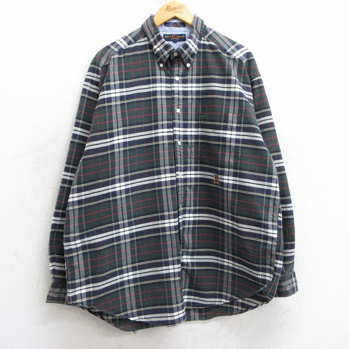 【50%OFF】XL★古着 トミーヒルフィガー TOMMY HILFIGER ゴルフ 長袖 ブランド シャツ メンズ 90年代 90s ワンポイントロゴ 大きいサイズ コットン ボタンダウン 緑他 グリーン チェック 25mar10 中古 トップス