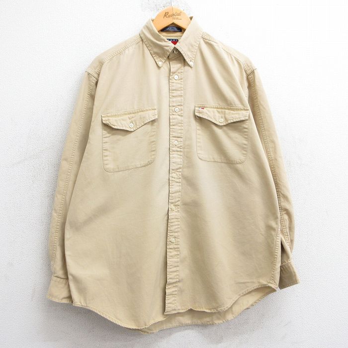 【50%OFF】XL★古着 トミーヒルフィガー TOMMY HILFIGER 長袖 ブランド シャツ メンズ 90年代 90s ワンポイントロゴ コットン ボタンダウン ベージュ カーキ 25mar10 中古 トップス