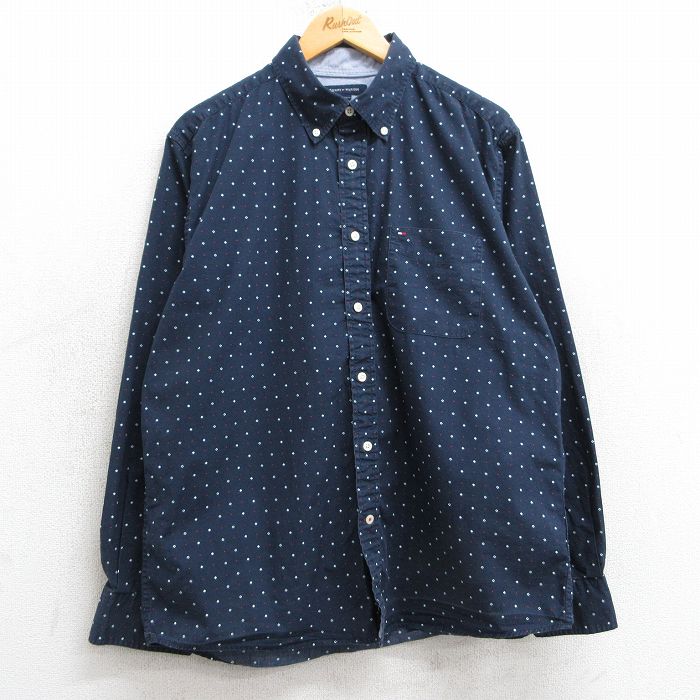 L★古着 トミーヒルフィガー TOMMY HILFIGER 長袖 ブランド シャツ メンズ ワンポイントロゴ 総柄 コットン ボタンダウン 紺他 ネイビー 25mar10 中古 トップス