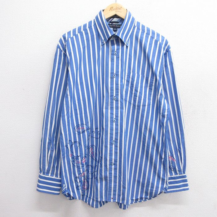 L★古着 トミーヒルフィガー TOMMY HILFIGER 長袖 ブランド シャツ メンズ 90年代 90s チェーンステッチ刺繍 ボタンダウン 青他 ブルー ストライプ 25mar10 中古 トップス