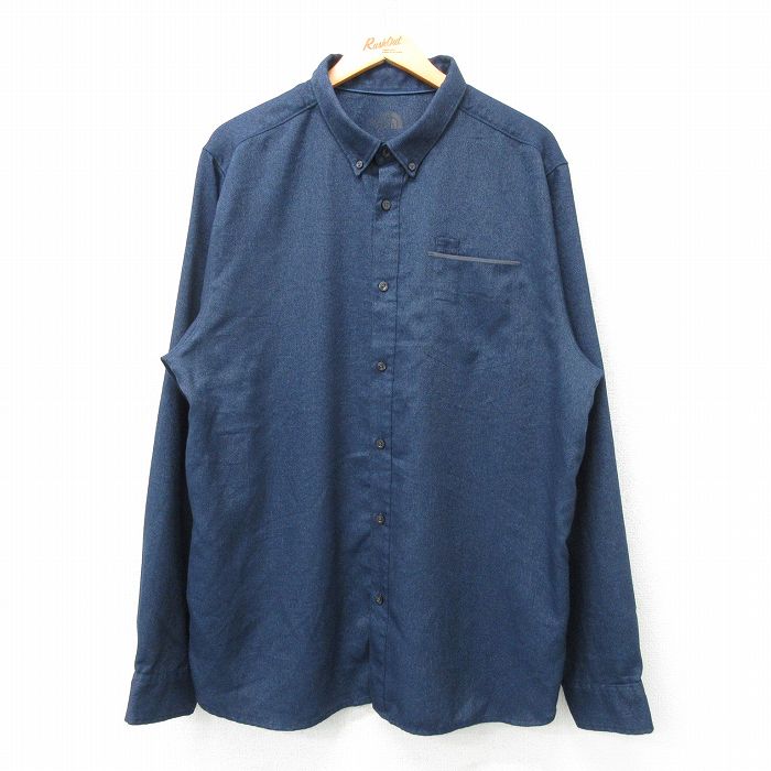 L★古着 ノースフェイス THE NORTH FACE 長袖 ブランド シャツ メンズ ロング丈 ボタンダウン 紺 ネイビー 25mar11 中古 トップス