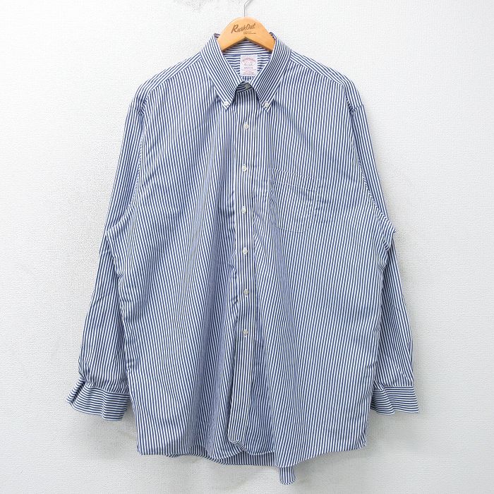 XL★古着 ブルックスブラザーズ BROOKS BROTHERS 長袖 ブランド シャツ メンズ 大きいサイズ ロング丈 コットン ボタンダウン 紺他 ネイビー ストライプ 25mar11 中古 トップス