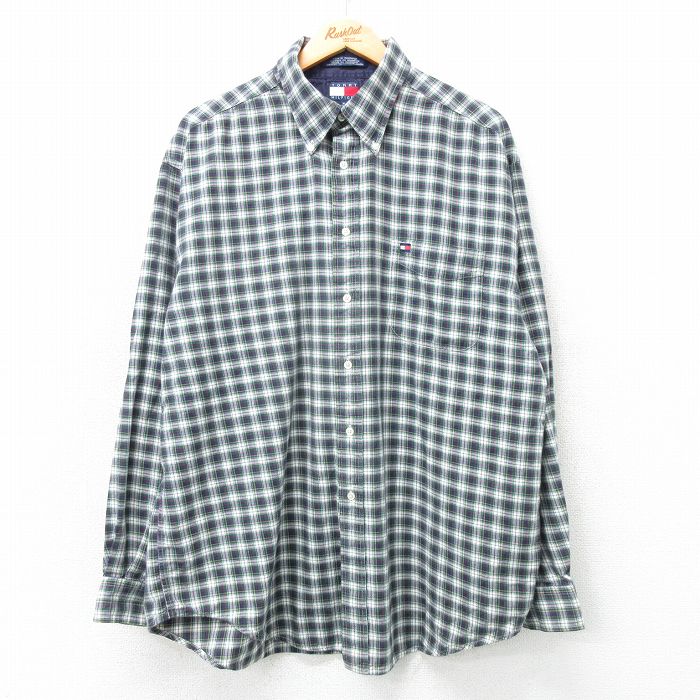 XL★古着 トミーヒルフィガー TOMMY HILFIGER 長袖 ブランド シャツ メンズ 90年代 90s ワンポイントロゴ ロング丈 コットン ボタンダウン 緑他 グリーン チェック 25mar11 中古 トップス
