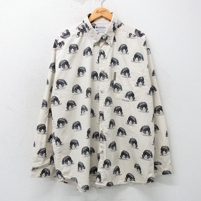 【20%OFF】XL★古着 コロンビア COLUMBIA 長袖 ブランド シャツ メンズ 90年代 90s クマ 総柄 ロング丈 コットン ボタンダウン 薄ベージュ他 カーキ 【spe】 25mar11 中古 トップス