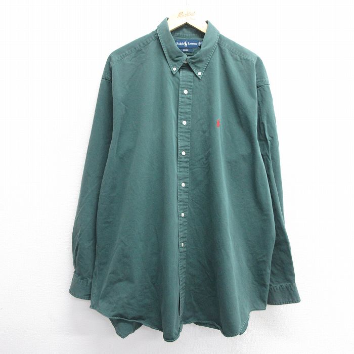 XL★古着 ラルフローレン Ralph Lauren 長袖 ブランド シャツ メンズ 90年代 90s BLAKE ワンポイントロゴ 大きいサイズ ロング丈 コットン ボタンダウン 緑 グリーン 25mar11 中古 トップス