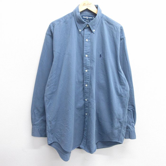 XL★古着 ラルフローレン Ralph Lauren 長袖 ブランド シャツ メンズ 90年代 90s BLAKE ワンポイントロゴ 大きいサイズ ロング丈 コットン ボタンダウン 紺 ネイビー 25mar11 中古 トップス