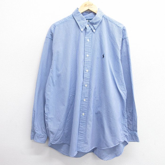 XL★古着 ラルフローレン Ralph Lauren 長袖 ブランド シャツ メンズ 90年代 90s BLAKE ワンポイントロゴ 大きいサイズ コットン ボタンダウン 紺他 ネイビー チェック 25mar11 中古 トップス