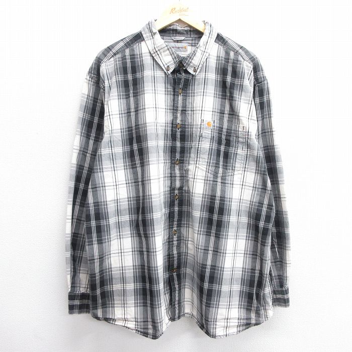 XL★古着 カーハート Carhartt 長袖 ブランド シャツ メンズ 大きいサイズ ロング丈 コットン ボタンダウン 黒他 ブラック チェック 25mar11 中古 トップス