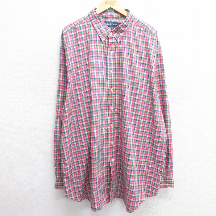 【50%OFF】XL★古着 ラルフローレン Ralph Lauren 長袖 ブランド シャツ メンズ 90年代 90s ワンポイントロゴ 大きいサイズ ロング丈 コットン ボタンダウン ピンク他 チェック 25mar11 中古 トップス