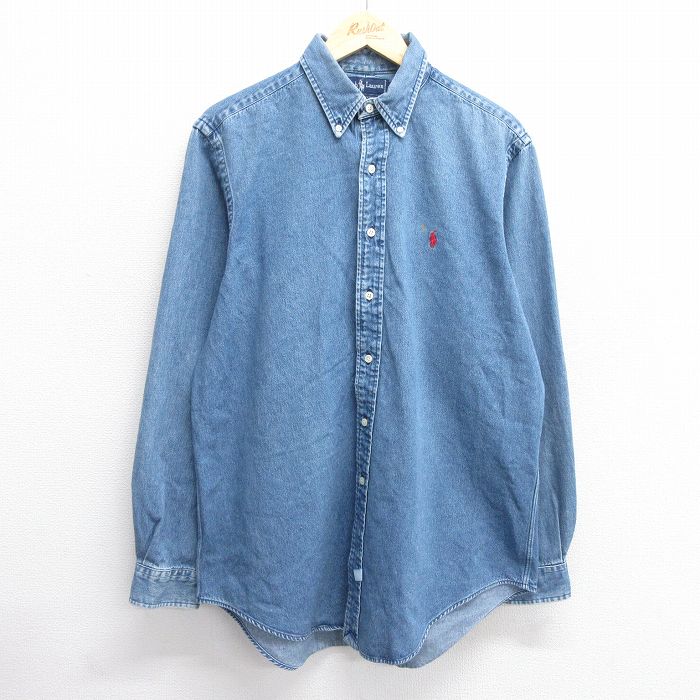 XL★古着 ラルフローレン Ralph Lauren 長袖 ブランド シャツ メンズ 90年代 90s ワンポイントロゴ コットン ボタンダウン 紺 ネイビー デニム 【spe】 25mar11 中古 トップス