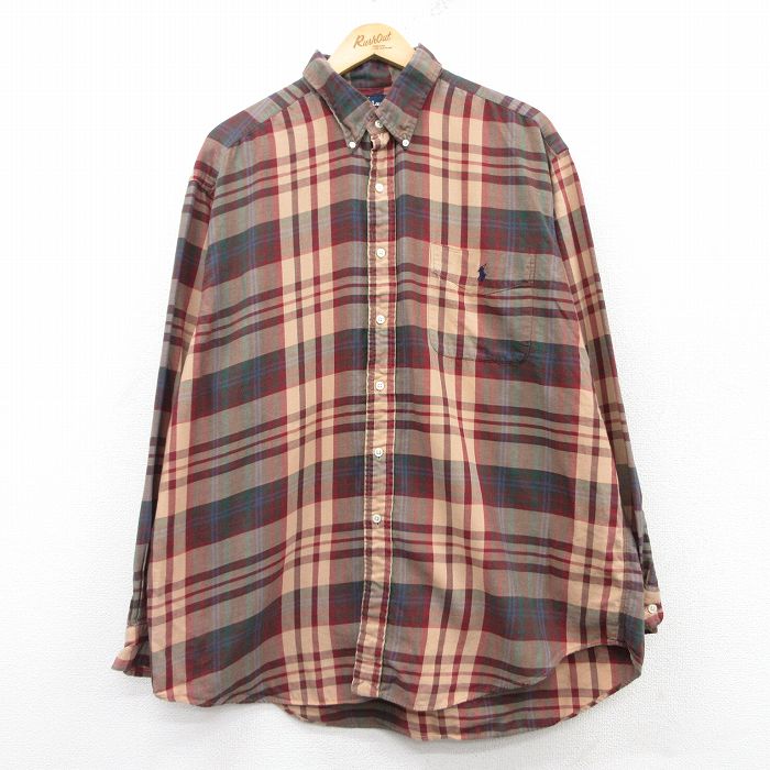 【20%OFF】XL★古着 ラルフローレン Ralph Lauren 長袖 ブランド シャツ メンズ 90年代 90s BLAIRE ワンポイントロゴ 大きいサイズ コットン ボタンダウン 茶他 ブラウン チェック 25mar11 中古 トップス