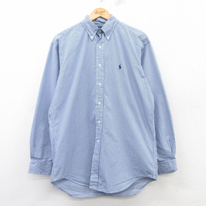 L★古着 ラルフローレン Ralph Lauren 長袖 ブランド シャツ メンズ 90年代 90s ワンポイントロゴ BLAKE コットン ボタンダウン 紺他 ネイビー チェック 25mar11 中古 トップス