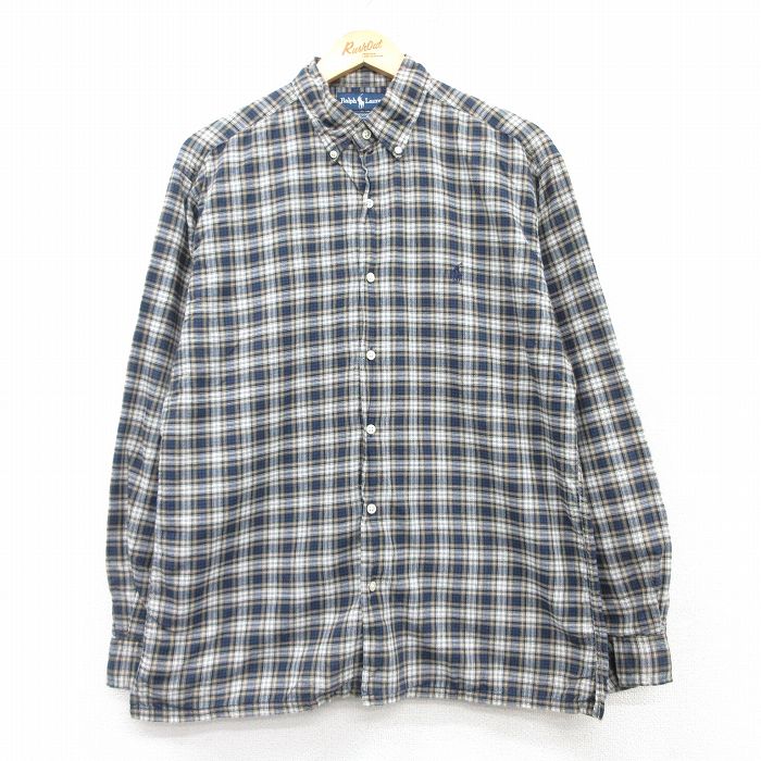 L★古着 ラルフローレン Ralph Lauren 長袖 ブランド シャツ メンズ 90年代 90s GREGGOR ワンポイントロゴ コットン ボタンダウン 紺他 ネイビー チェック 【spe】 25mar11 中古 トップス