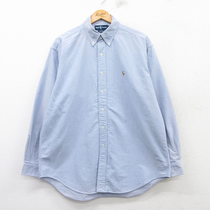 XL★古着 ラルフローレン Ralph Lauren 長袖 ブランド シャツ メンズ 90年代 90s BLAKE ワンポイントロゴ オックスフォード 大きいサイズ コットン ボタンダウン 薄紺 ネイビー 25mar11 中古 トップス