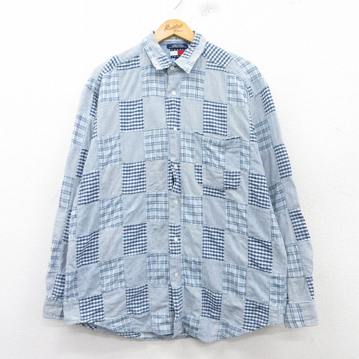 XL★古着 トミーヒルフィガー TOMMY HILFIGER 長袖 ブランド シャツ メンズ 90年代 90s パッチワーク コットン 紺他 ネイビー チェック 【spe】 25mar11 中古 トップス