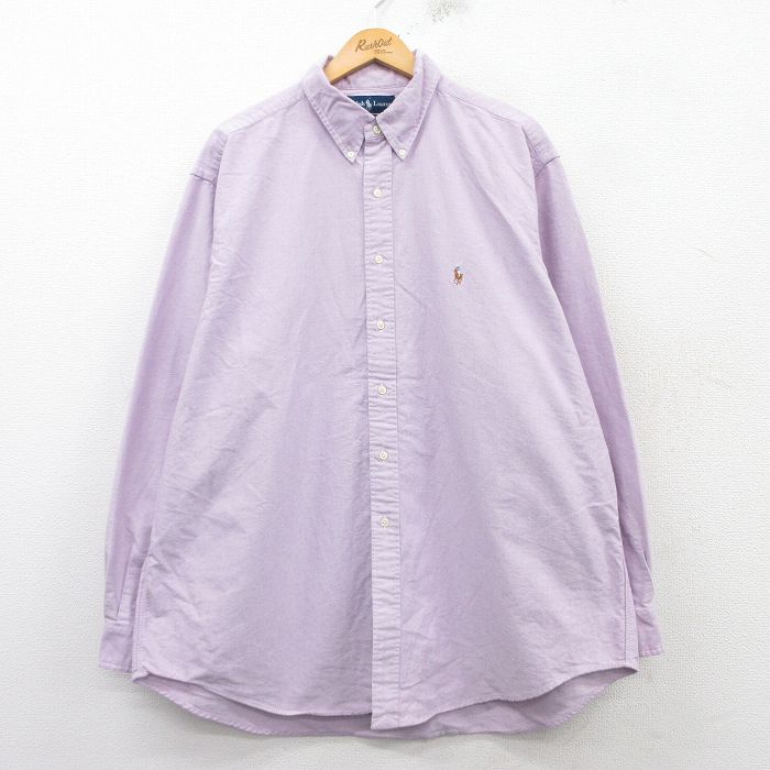 XL★古着 ラルフローレン Ralph Lauren 長袖 ブランド シャツ メンズ 90年代 90s YARMOUTH ワンポイントロゴ 大きいサイズ ロング丈 コットン ボタンダウン 薄紫 パープル 25mar11 中古 トップス