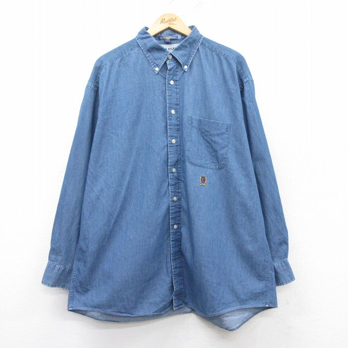 【50%OFF】XL★古着 トミーヒルフィガー TOMMY HILFIGER 長袖 ブランド シャツ メンズ ワンポイントロゴ 大きいサイズ コットン ボタンダウン 紺 ネイビー デニム 25mar11 中古 トップス