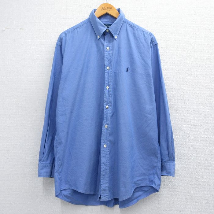 XL★古着 ラルフローレン Ralph Lauren 長袖 ブランド シャツ メンズ 90年代 90s YARMOUTH ワンポイントロゴ オックスフォード コットン ボタンダウン 薄紺 ネイビー 25mar12 中古 トップス