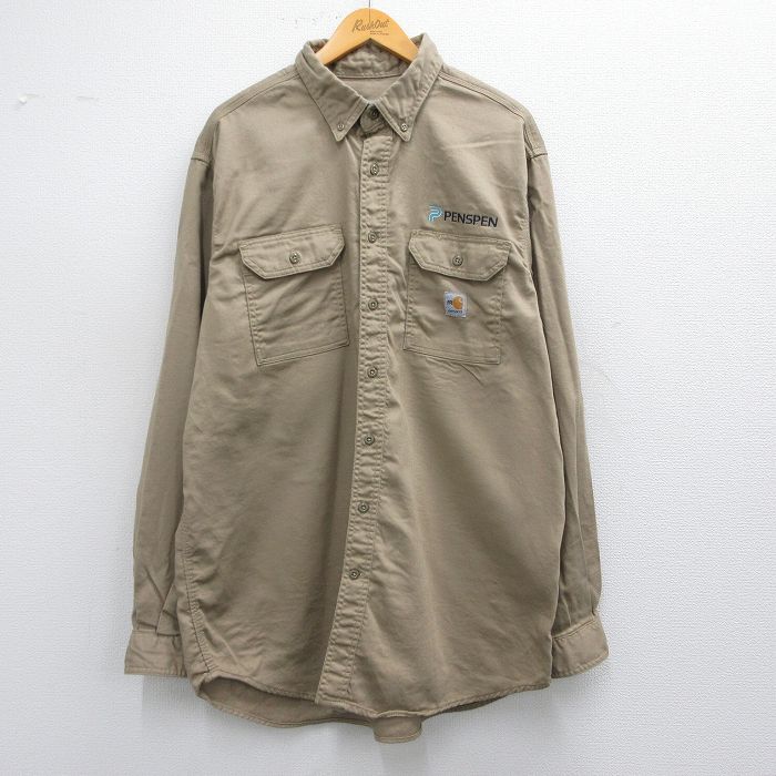 【50%OFF】XL★古着 カーハート Carhartt 長袖 ブランド シャツ メンズ PENSPEN 大きいサイズ ロング丈 ボタンダウン ベージュ カーキ 25mar12 中古 トップス