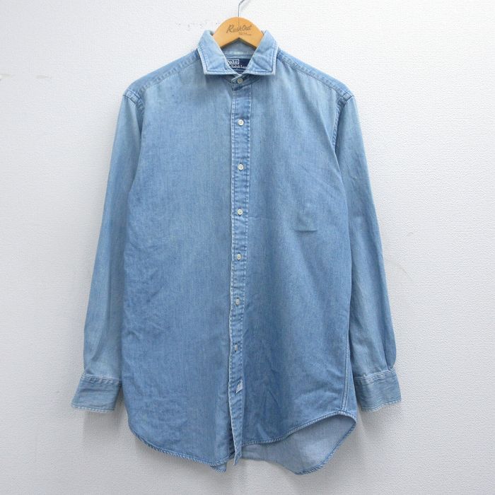 M★古着 ラルフローレン Ralph Lauren 長袖 ブランド シャツ メンズ 90年代 90s ESTATE コットン 薄紺 ネイビー デニム 25mar12 中古 トップス