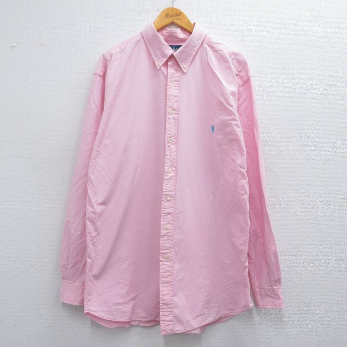 L★古着 ラルフローレン Ralph Lauren 長袖 ブランド シャツ メンズ 90年代 90s ワンポイントロゴ ロング丈 コットン ボタンダウン ピンク 25mar12 中古 トップス