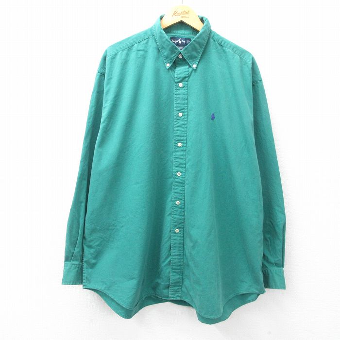 XL★古着 ラルフローレン Ralph Lauren 長袖 ブランド シャツ メンズ 90年代 90s BLAIRE ワンポイントロゴ 大きいサイズ ロング丈 コットン ボタンダウン 緑 グリーン 25mar12 中古 トップス