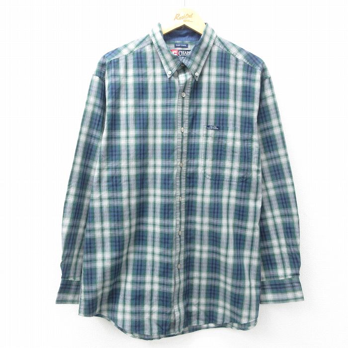XL★古着 ラルフローレン Ralph Lauren チャップス 長袖 ブランド シャツ メンズ 90年代 90s ロング丈 ボタンダウン 緑他 グリーン チェック 25mar12 中古 トップス