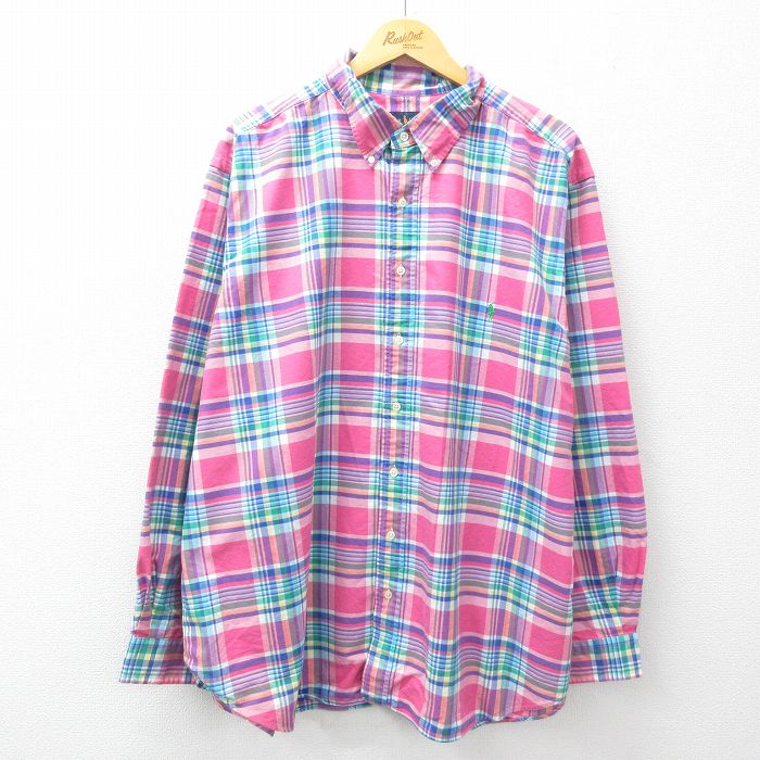 XL★古着 ラルフローレン Ralph Lauren 長袖 ブランド シャツ メンズ ワンポイントロゴ 大きいサイズ ロング丈 コットン ボタンダウン ピンク他 チェック 25mar12 中古 トップス