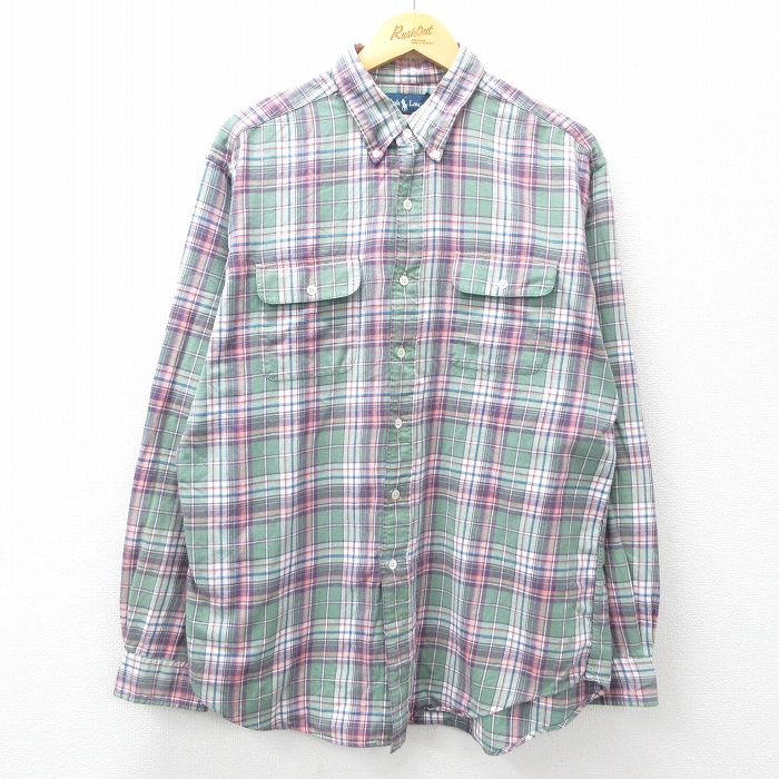 XL★古着 ラルフローレン Ralph Lauren 長袖 ブランド シャツ メンズ 90年代 90s 大きいサイズ コットン ボタンダウン 緑他 グリーン チェック 25mar12 中古 トップス