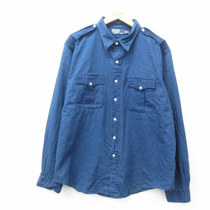 【50%OFF】XL★古着 ラルフローレン Ralph Lauren 長袖 ブランド シャツ メンズ 90年代 90s 大きいサイズ コットン 紺 ネイビー 【spe】 25mar12 中古 トップス