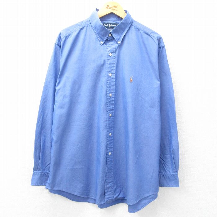 XL★古着 ラルフローレン Ralph Lauren 長袖 ブランド シャツ メンズ 90年代 90s YARMOUTH ワンポイントロゴ 大きいサイズ ロング丈 コットン ボタンダウン 薄紺 ネイビー 25mar12 中古 トップス