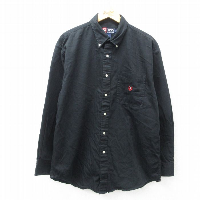 XL★古着 チャップス ラルフローレン Ralph Lauren 長袖 ブランド シャツ メンズ 90年代 90s ワンポイントロゴ ヘリンボーン ロング丈 コットン ボタンダウン 黒 ブラック 25mar12 中古 トップス