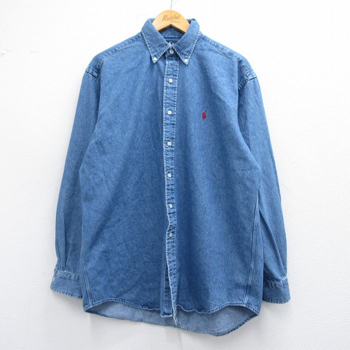 XL★古着 ラルフローレン Ralph Lauren 長袖 ブランド シャツ メンズ 90年代 90s BLAKE ワンポイントロゴ コットン ボタンダウン 紺 ネイビー デニム 25mar13 中古 トップス