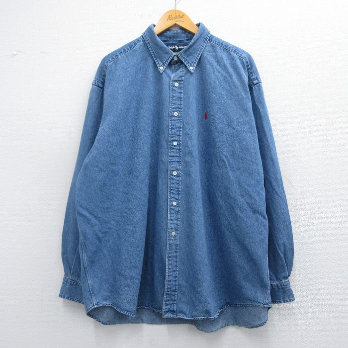 XL★古着 ラルフローレン Ralph Lauren 長袖 ブランド シャツ メンズ 90年代 90s BLAKE ワンポイントロゴ 大きいサイズ ロング丈 コットン ボタンダウン 紺 ネイビー デニム 25mar13 中古 トップス