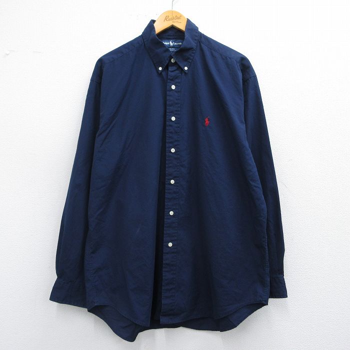 XL★古着 ラルフローレン Ralph Lauren 長袖 ブランド シャツ メンズ 90年代 90s BLAKE ワンポイントロゴ 大きいサイズ ロング丈 コットン ボタンダウン 紺 ネイビー 25mar13 中古 トップス