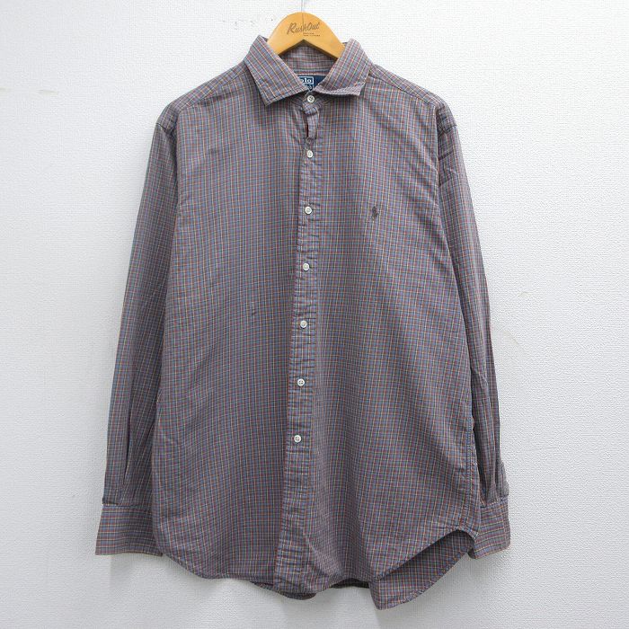 XL★古着 ラルフローレン Ralph Lauren 長袖 ブランド シャツ メンズ 90年代 90s STANTON ワンポイントロゴ コットン 茶他 ブラウン チェック 25mar13 中古 トップス