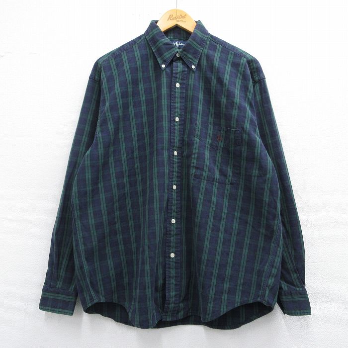 XL★古着 ラルフローレン Ralph Lauren 長袖 ブランド シャツ メンズ 90年代 90s BIG SHIRT ワンポイントロゴ コットン ボタンダウン 緑他 グリーン チェック 【spe】 25mar13 中古 トップス