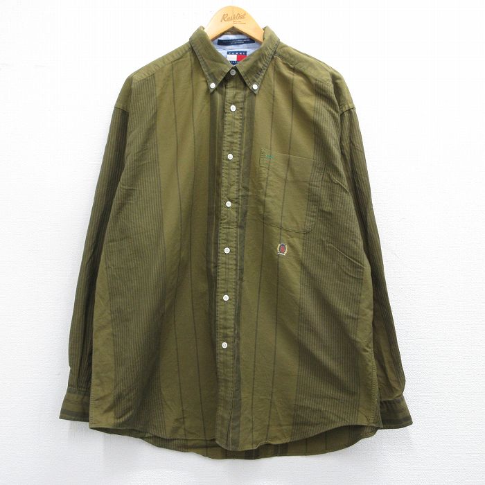 XL★古着 トミーヒルフィガー TOMMY HILFIGER 長袖 ブランド シャツ メンズ 90年代 90s ワンポイントロゴ 大きいサイズ ロング丈 コットン ボタンダウン 緑系他 グリーン ストライプ 25mar13 中古 トップス
