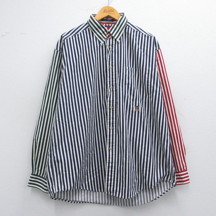 【50%OFF】XL★古着 トミーヒルフィガー TOMMY HILFIGER 長袖 ブランド シャツ メンズ 90年代 90s マルチカラー ワンポイントロゴ ロゴ コットン ボタンダウン 白他 ホワイト ストライプ 【spe】 25mar13 中古 トップス
