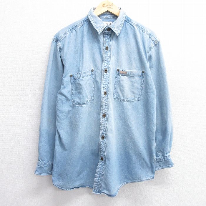 XL★古着 カーハート Carhartt 長袖 ブランド シャツ メンズ コットン 紺 ネイビー デニム 25mar13 中古 トップス