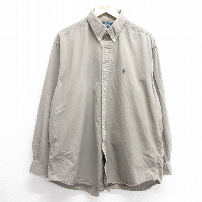 XL★古着 ラルフローレン Ralph Lauren 長袖 ブランド シャツ メンズ 90年代 90s BLAKE ワンポイントロゴ 大きいサイズ ロング丈 コットン ボタンダウン 緑系 グリーン 25mar13 中古 トップス