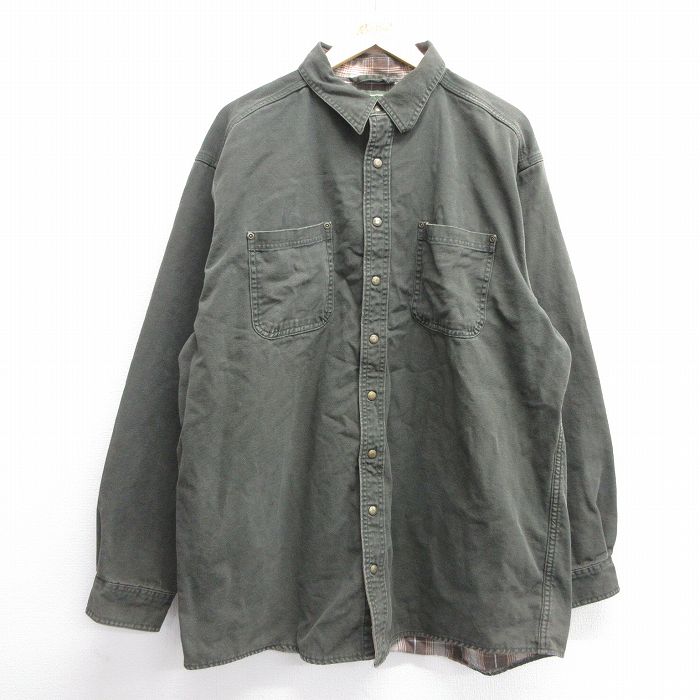XL★古着 エルエルビーン LLBEAN 長袖 ブランド シャツ メンズ 大きいサイズ ロング丈 コットン ダック地 カナダ製 緑 グリーン 内側フランネル 25mar13 中古 トップス