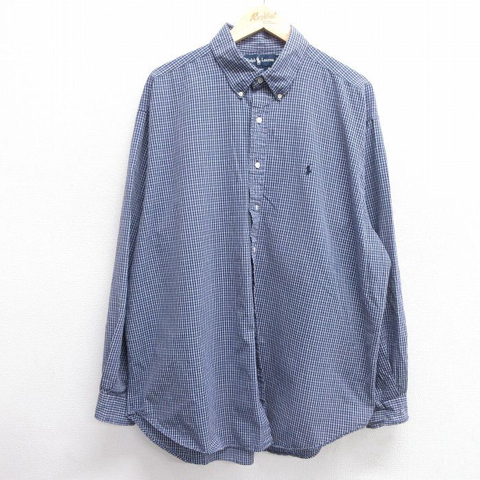 XL★古着 ラルフローレン Ralph Lauren 長袖 ブランド シャツ メンズ 90年代 90s BLAIRE ワンポイントロゴ 大きいサイズ ロング丈 コットン ボタンダウン 紺他 ネイビー チェック 25mar13 中古 トップス