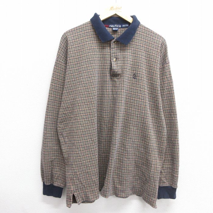 XL★古着 ノーティカ NAUTICA 長袖 ブランド ポロ シャツ メンズ 90年代 90s ワンポイントロゴ コットン ベージュ他 カーキ 25mar13 中古 トップス