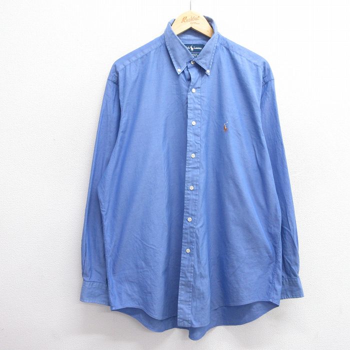 XL★古着 ラルフローレン Ralph Lauren 長袖 ブランド シャツ メンズ 90年代 90s YARMOUTH ワンポイントロゴ 大きいサイズ ロング丈 コットン ボタンダウン 紺 ネイビー 25mar13 中古 トップス
