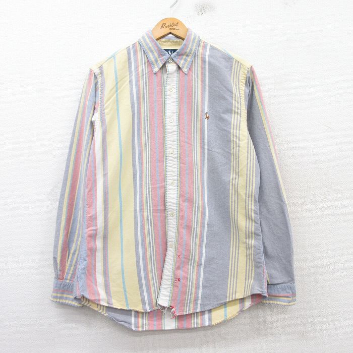 M★古着 ラルフローレン Ralph Lauren 長袖 ブランド シャツ メンズ 90年代 90s ワンポイントロゴ オックスフォード コットン ボタンダウン 黄他 イエロー ストライプ 25mar14 中古 トップス