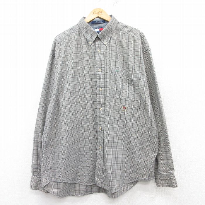 【50%OFF】XL★古着 トミーヒルフィガー TOMMY HILFIGER 長袖 ブランド シャツ メンズ 90年代 90s ワンポイントロゴ 大きいサイズ コットン ボタンダウン グレー他 チェック 25mar14 中古 トップス