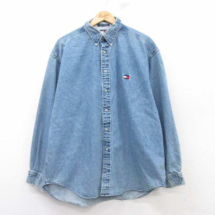 XL★古着 トミーヒルフィガー TOMMY HILFIGER 長袖 ブランド シャツ メンズ 90年代 90s ワンポイントロゴ 大きいサイズ コットン ボタンダウン 紺 ネイビー デニム 【spe】 25mar14 中古 トップス