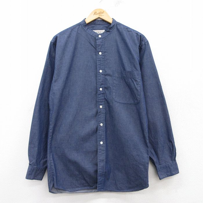 M★古着 エディーバウアー 長袖 ブランド シャツ メンズ コットン ノーカラー 紺 ネイビー 25mar14 中古 トップス