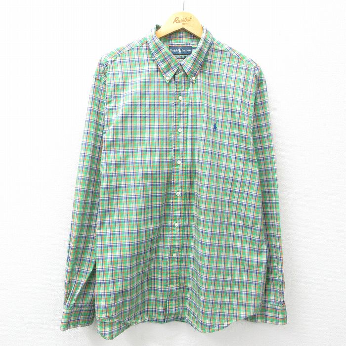 XL★古着 ラルフローレン Ralph Lauren 長袖 ブランド シャツ メンズ 90年代 90s ワンポイントロゴ 大きいサイズ ロング丈 コットン ボタンダウン 緑他 グリーン チェック 25mar14 中古 トップス